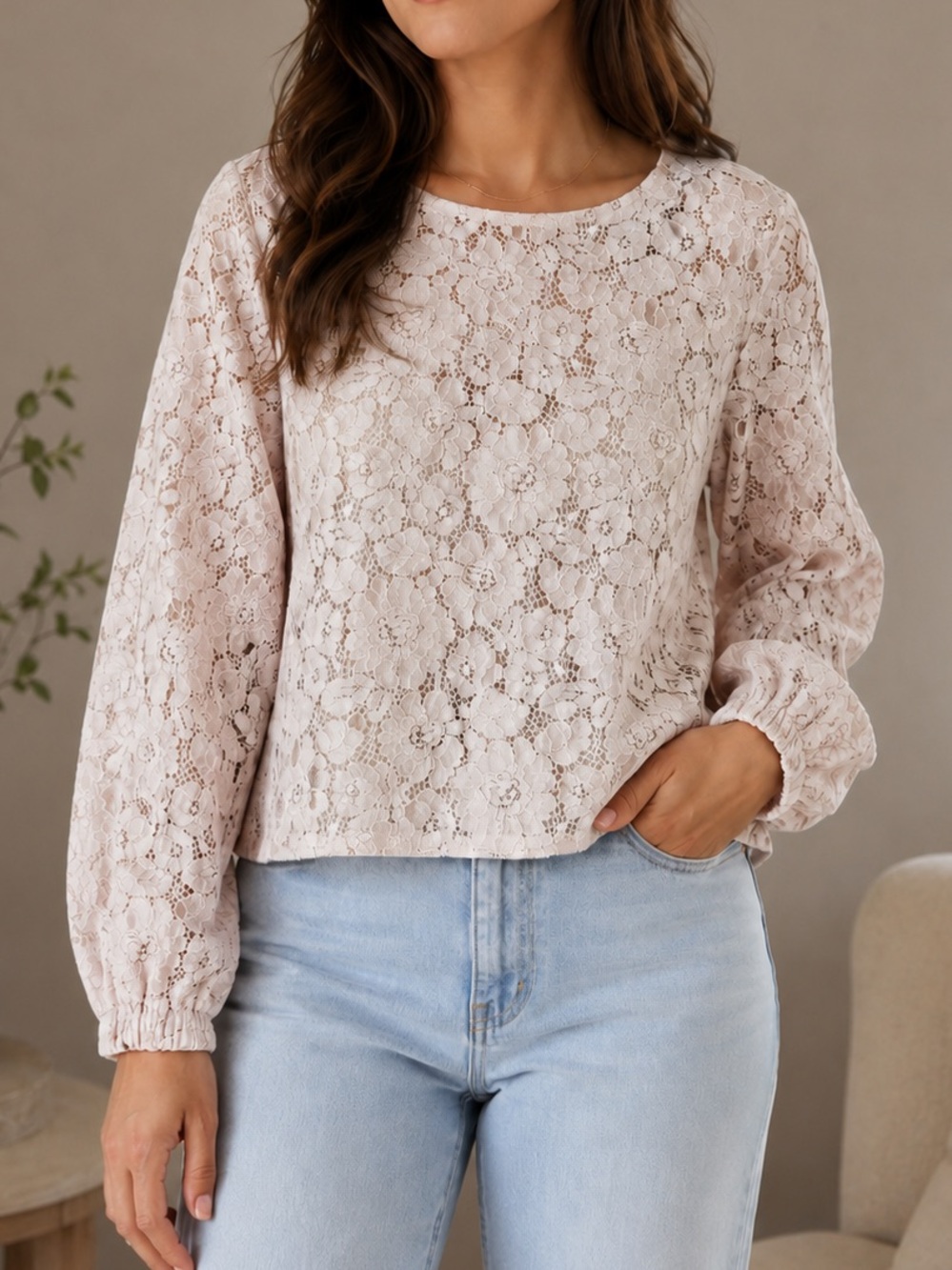 Banana Republic Lace Long-Sleeve Blouse in Soft Blush - Picture 1 of 5